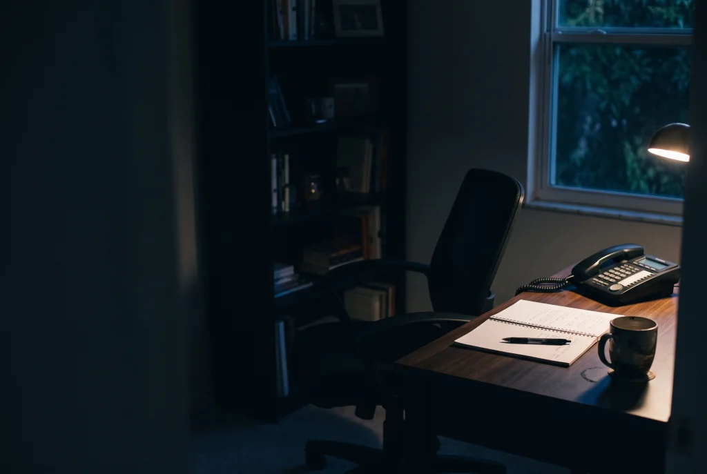 A home-office desk in Tampa at night: a desk phone, a notebook and a pen under one warm lamp.