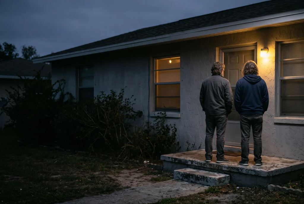 Two adults on a front step at dusk, looking at a house with one lit window.