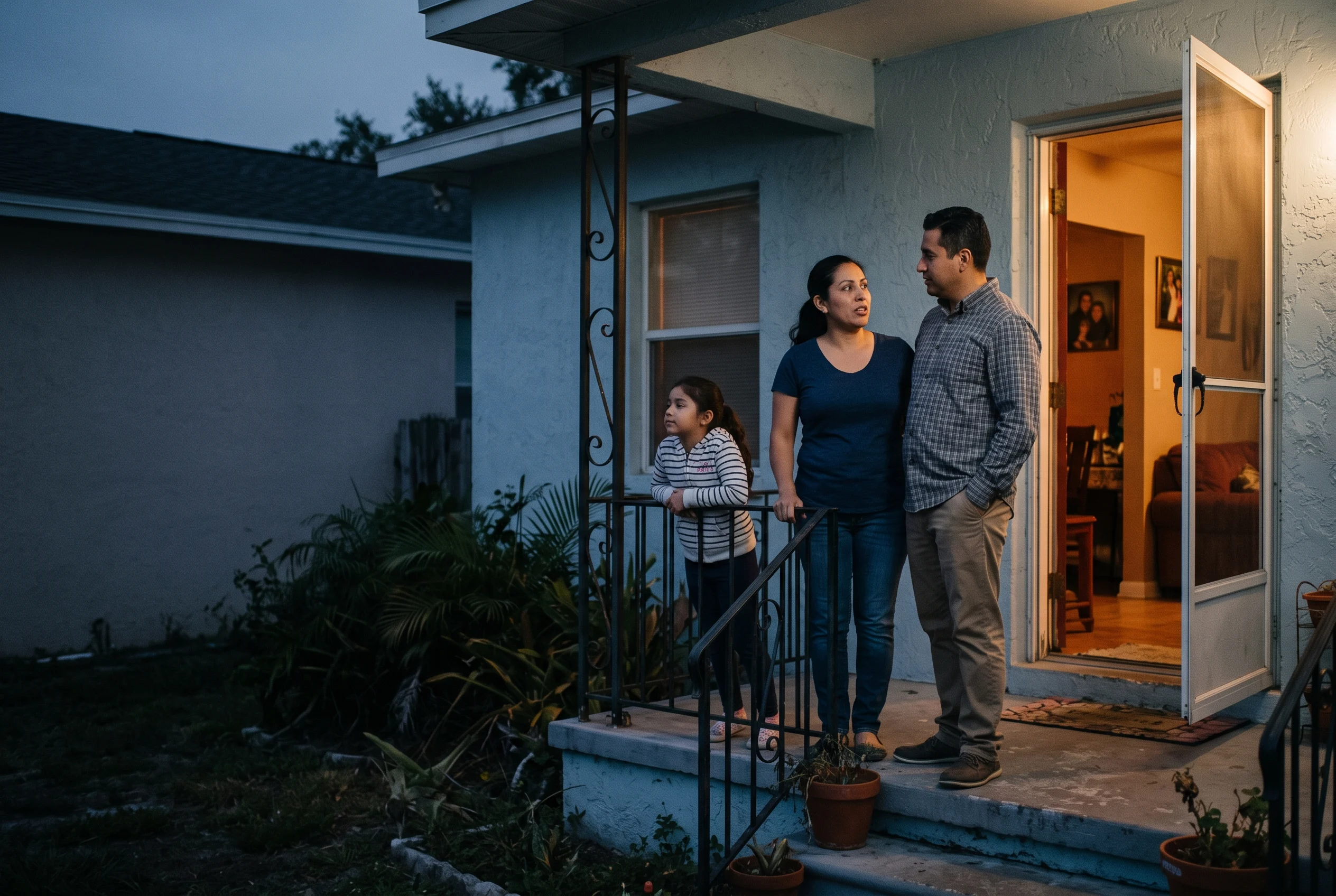 A family standing on the front step of their home in Tampa at dusk, the door open behind them.