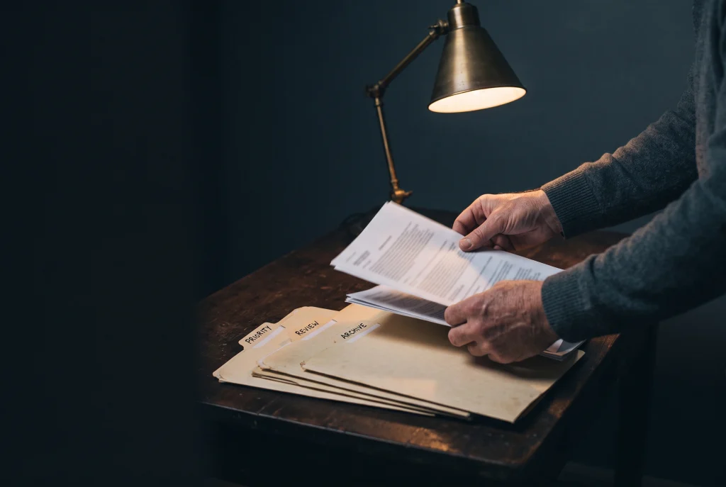 Hands sorting printed pages into labelled folders on a dark table.